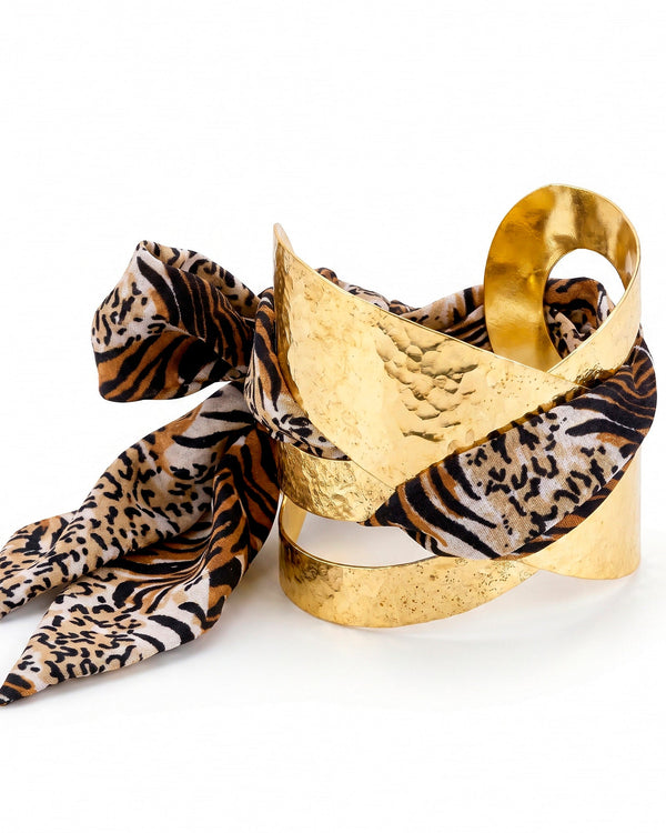 zewellsharbour Bracelet Anti-Tarnish Hammered Golden Cuff With Tiger Print Silk Bow (Adjustable Size)