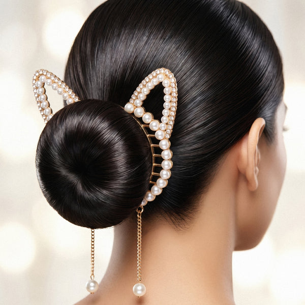 Zewellsharbour Hair Claw Clip Anti-Tarnish Pearl Tassel Cat-Ear Bun