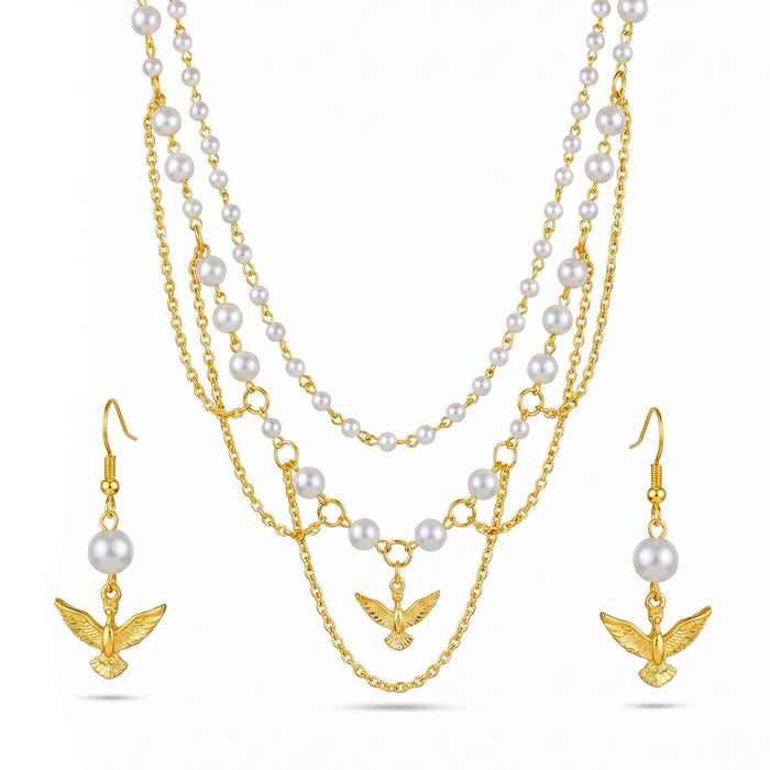 zewellsharbour Necklace Anti-Tarnish Pearls & Bird Set With Earrings