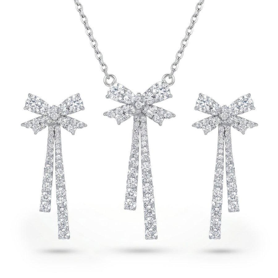 zewellsharbour Necklace Anti-Tarnish Silver AD-Studded Bow Set with Earrings