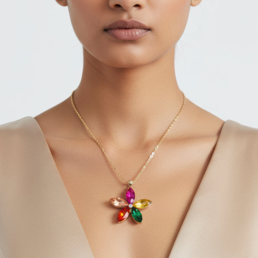 zewellsharbour Necklace Anti-Tarnish Multicolor Crystal Flower Pendant