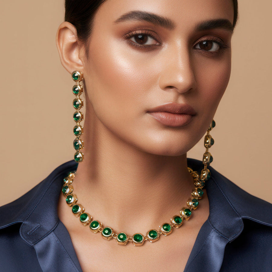 zewellsharbour Necklace Anti-Tarnish Emerald Crystals Set With Earrings