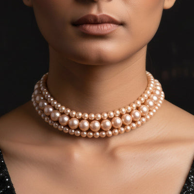 zewellsharbour Necklace Triple Layer Golden Brown Pearl Choker