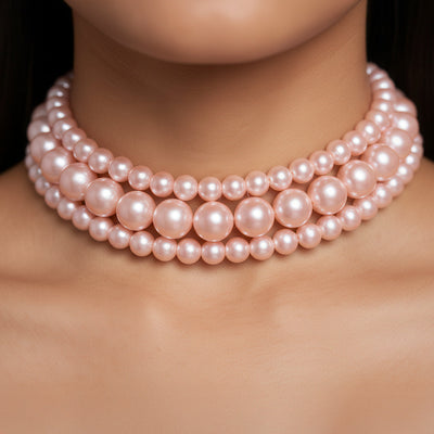 zewellsharbour Necklace Triple Layer Rose Pink Pearl Choker