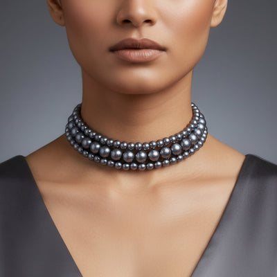 zewellsharbour Necklace Triple Layer Blackish Grey Pearl Choker