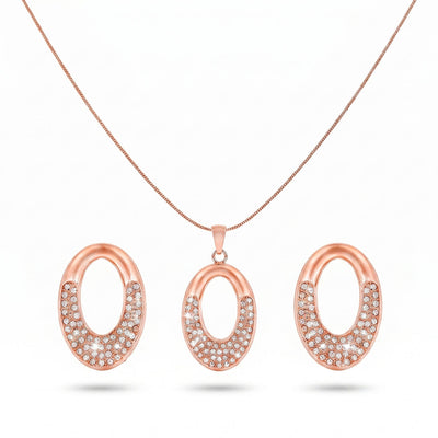 zewellsharbour Necklace Anti-Tarnish Hollow Studded Oval Pendant Set With Earrings