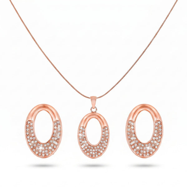 zewellsharbour Necklace Anti-Tarnish Hollow Studded Oval Pendant Set With Earrings