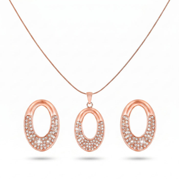 zewellsharbour Necklace Anti-Tarnish Hollow Studded Oval Pendant Set With Earrings