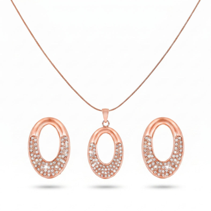 zewellsharbour Necklace Anti-Tarnish Hollow Studded Oval Pendant Set With Earrings