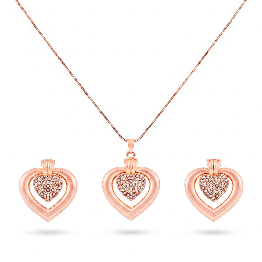 zewellsharbour Necklace Anti-Tarnish Double Studded Heart Pendant Set With Earrings