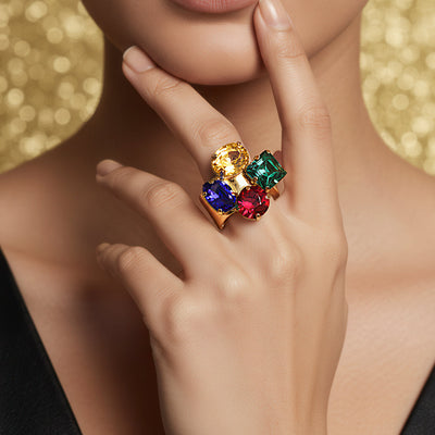 zewellsharbour Ring Anti-Tarnish Gold Plated Multicoloured Crystals (Adjustable Size)