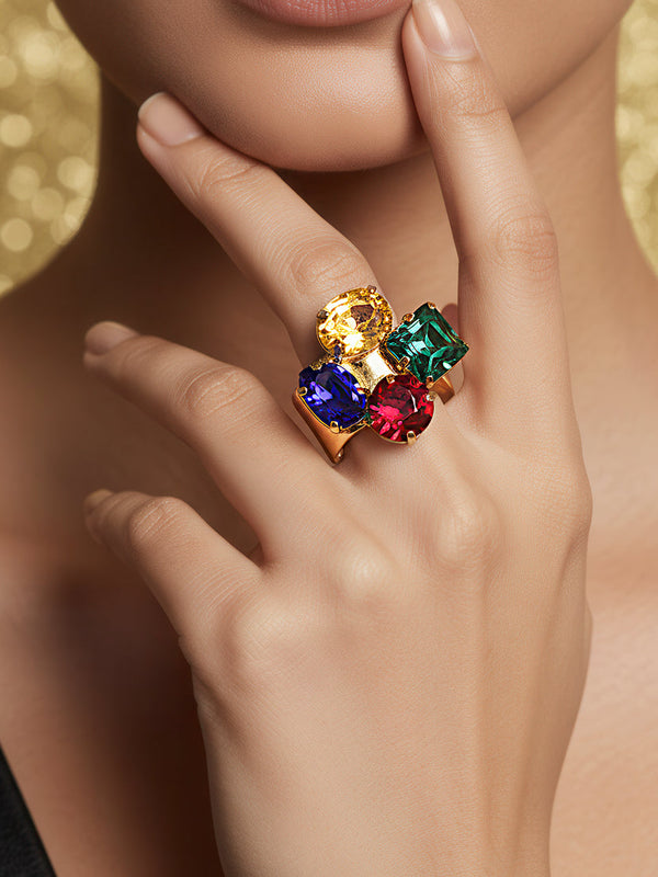zewellsharbour Ring Anti-Tarnish Gold Plated Multicoloured Crystals (Adjustable Size)