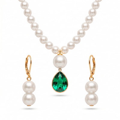 zewellsharbour Necklace Emerald Crystal & Pearl Set with Earrings