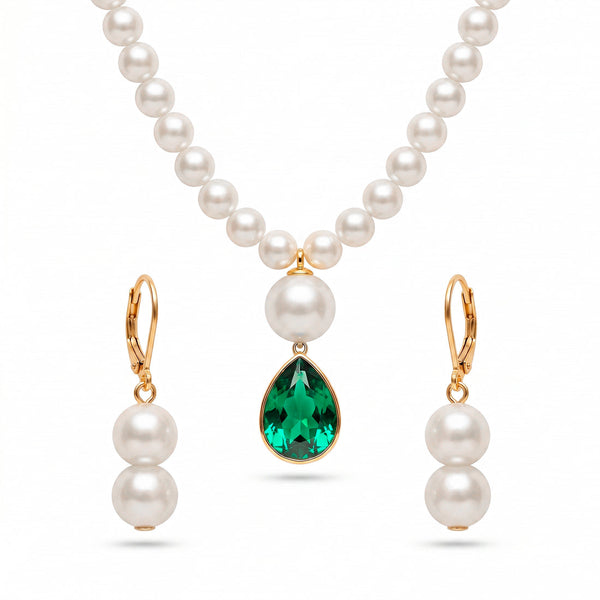 zewellsharbour Necklace Emerald Crystal & Pearl Set with Earrings
