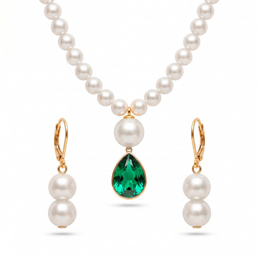 zewellsharbour Necklace Emerald Crystal & Pearl Set with Earrings