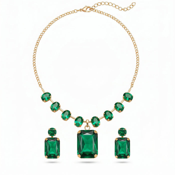 zewellsharbour Necklace Anti-Tarnish Emerald Set With Earrings