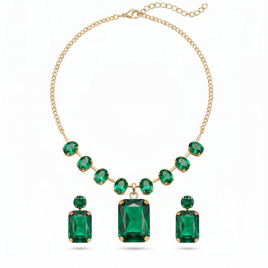 zewellsharbour Necklace Anti-Tarnish Emerald Set With Earrings