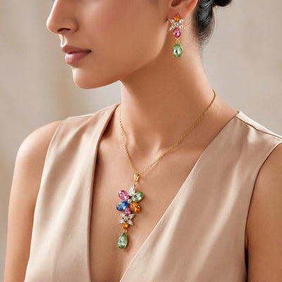 zewellsharbour Necklace Anti-Tarnish Multicoloured Sparkling Crystals Flower with Earrings