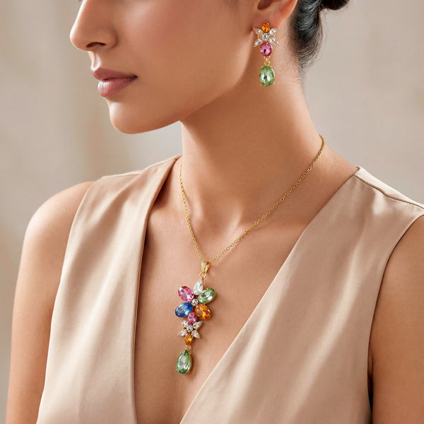 zewellsharbour Necklace Anti-Tarnish Multicoloured Sparkling Crystals Flower with Earrings